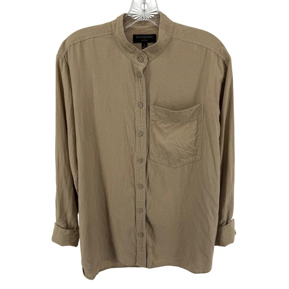 Banana Republic Womens S Linen Blend Band Collar Interview Outfit Tan Coastal